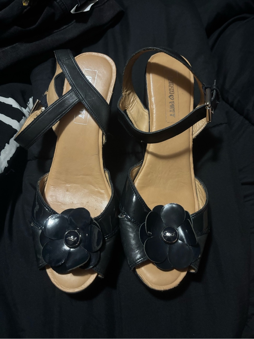 Black Floral Coach Wedges